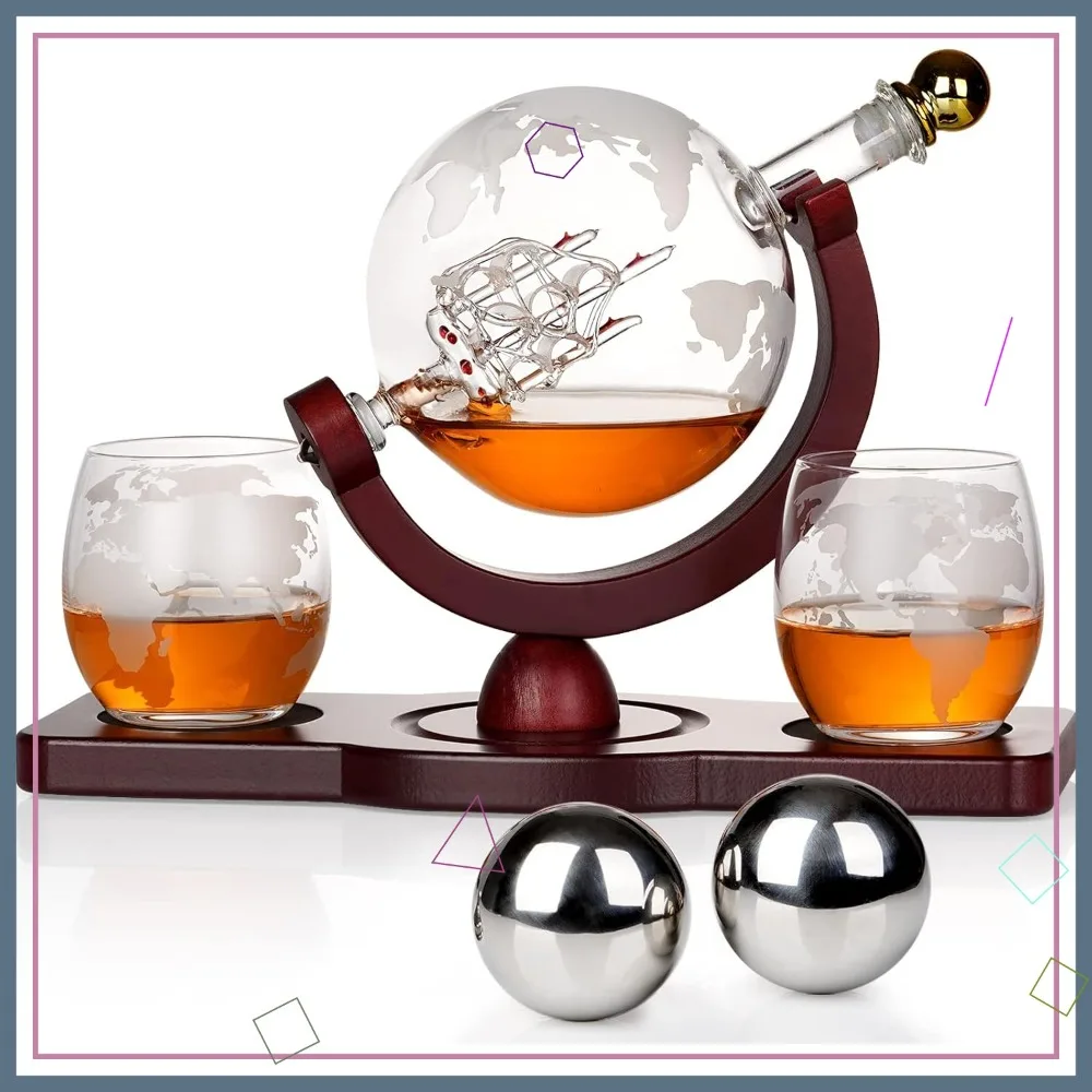 

Набор для виски: графин-глобус с 2 камнями-шариками и 2 стаканами, идеальный подарок для мужчин на День святого Валентина, годовщину, день рождения
