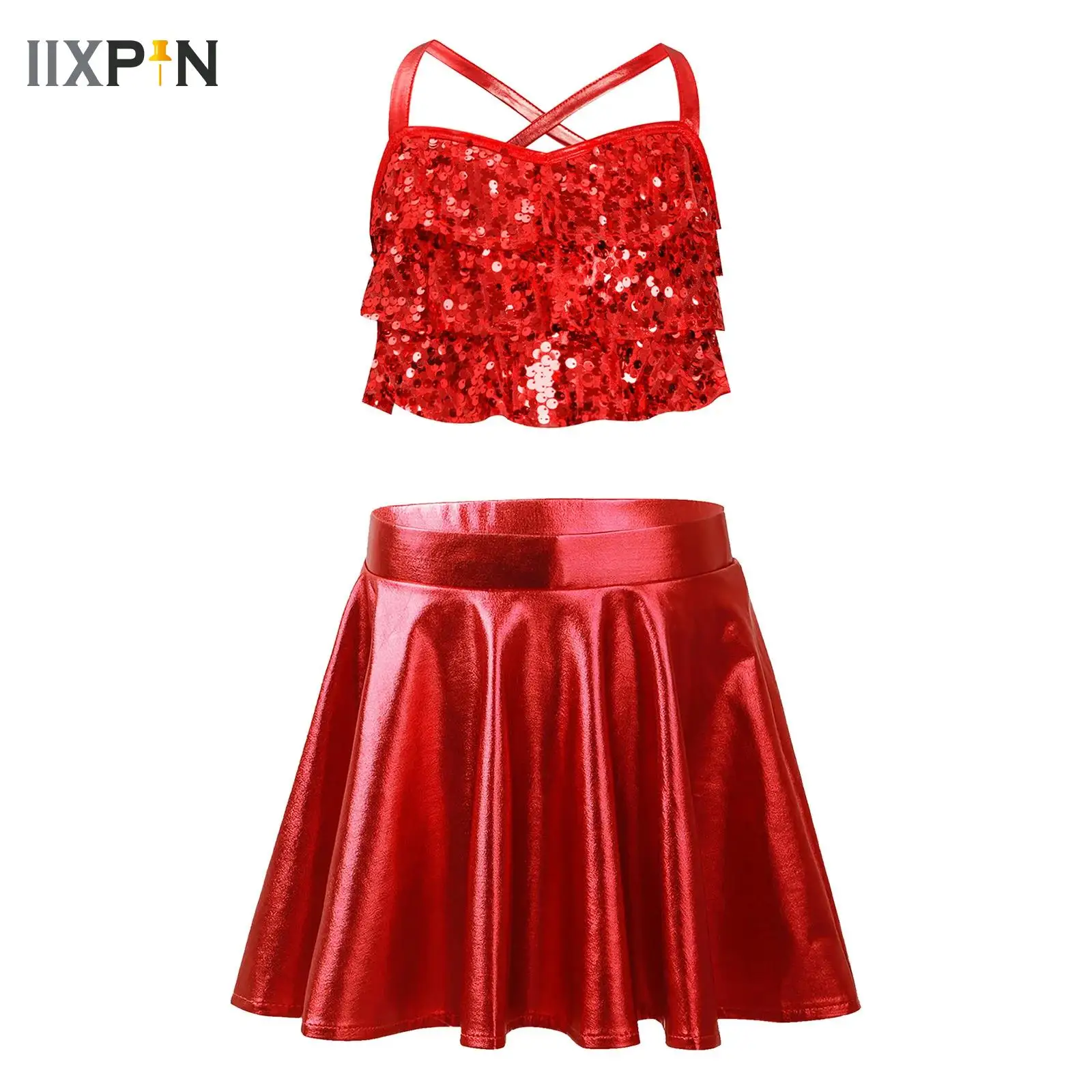 

Kids Sequins Ballet Dance Sets Girls Sleeveless Lyrical Ballerina Costume Dancewear for Modern Latin Jazz Dancing Performance