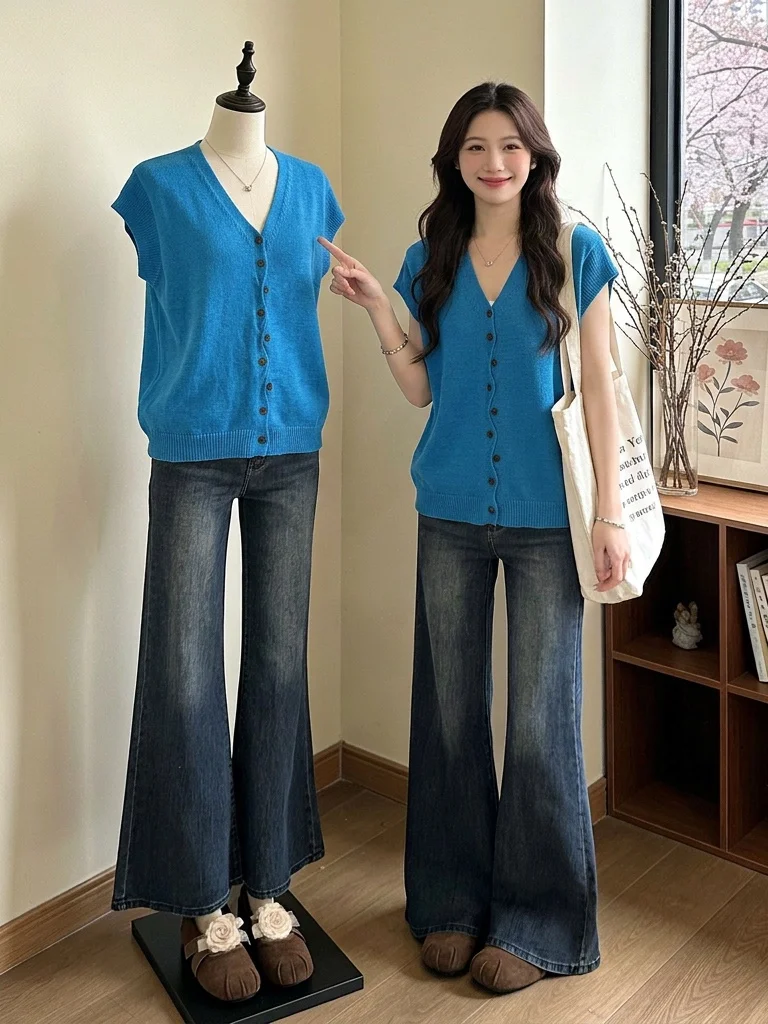 Klein Blue Knitted V-Neck Short Sleeve T-Shirt Women's Summer New plus Size Slimming Top Korean Style Loose Fit Commute Wind