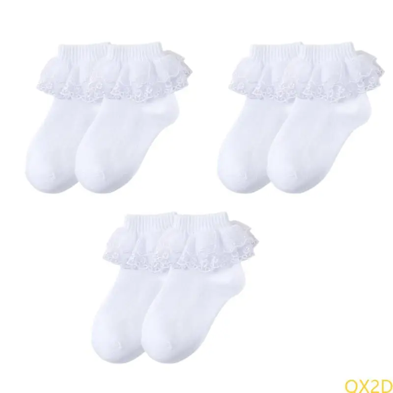 QX2D 3 أزواج الفتيات الدانتيل جوارب القطن الناعم تنفس الجوارب الكاحل للارتداء اليومي ومناسبة خاصة