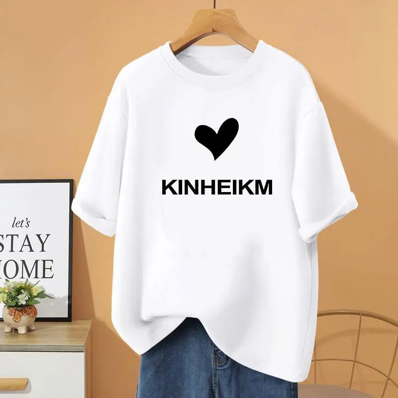 

Women Clothing Cartoon Letter Printed Basic Pullovers, Summer Loose Casual O-neck T-shirt, 100% Cotton Short Sleeve Top Tee