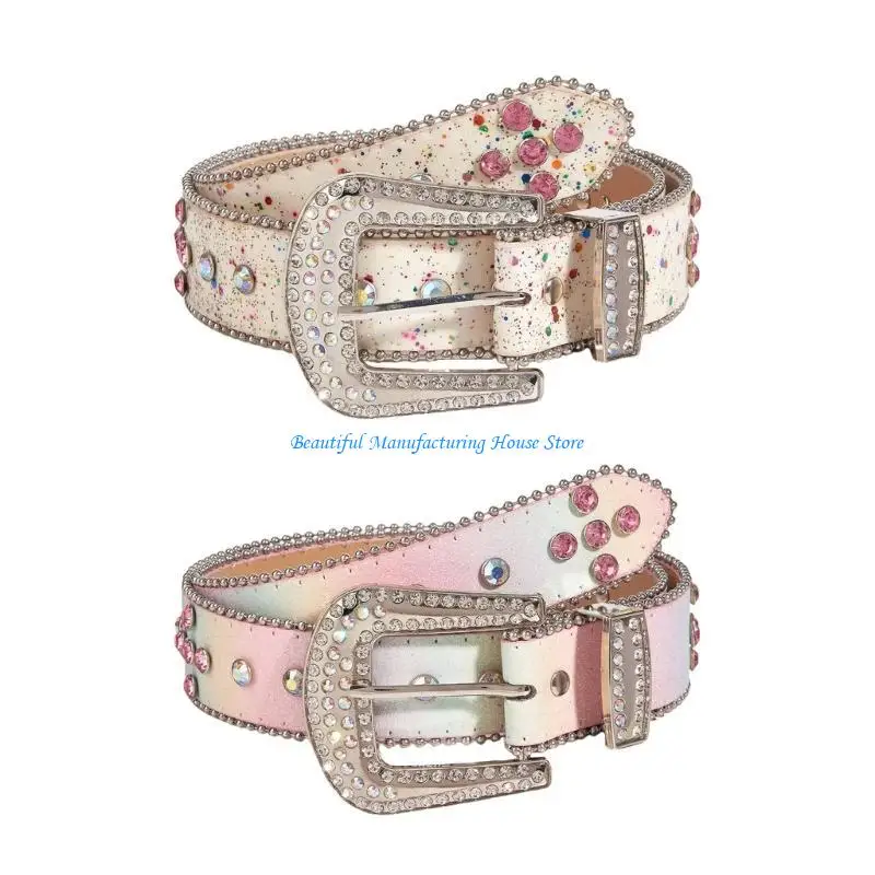 

E56A Elegant PU Leather Belt for Women Rhinestones Studded Belt for Spring Shimmering Skinny Belt Casual Wear Waist Accessory
