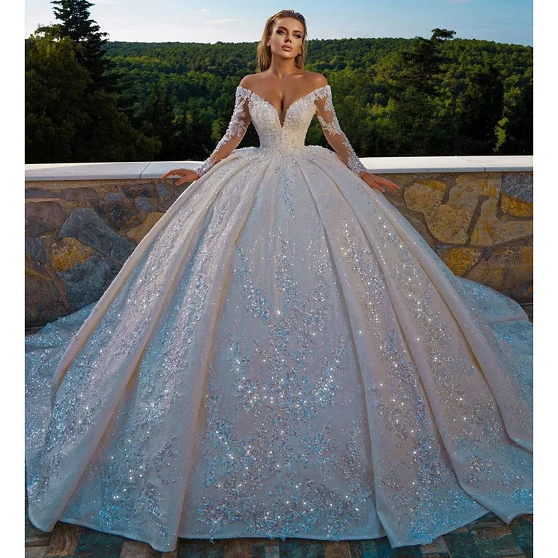 2025 Ball Gown Luxury Wedding Dresses Elegant Bride Gowns Off The Shoulder Long Sleeves Beaded Lace Backless Vestidos De Novia