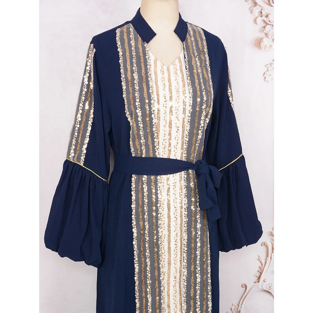 Kuwait Robe Fashion Women's Bead Two Piece Set Bubble Sleeve Muslim Dress for Women