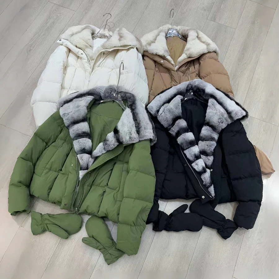 Women's Short Down Jacket With Hood Real Rabbit Fur Jacket White Natural Fur Puffer Jacket Luxury Genuine Fur Outerwear
