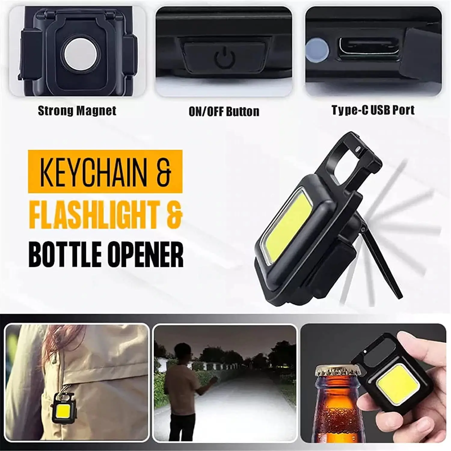 Keychain Light Mini LED Flashlight 500lm Portable COB USB Rechargeable Pocket Work Lamp MultiFunction with Corkscrew