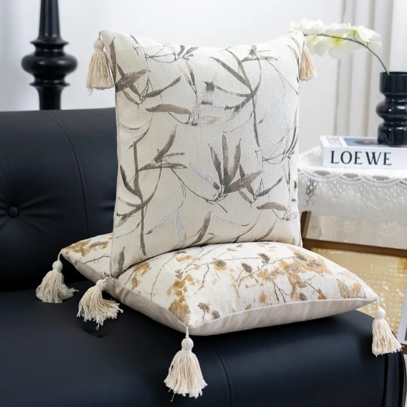 Aesthetic Neutral Wabi-Sabi Cushion Cover Textured Cotton Linen Throw Pillowcase with Tassels Farmhouse Home Decor for Sofa
