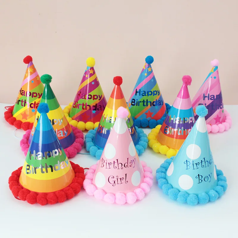 5Pcs Children Birthday Party Hat Colorful Pom-pom Hats Friends Family Party Activities Headwear Decorations Gifts for Kids XPY
