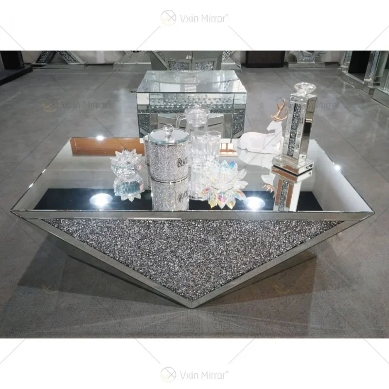 Cross-border modern mirror coffee table, glass corner, diamond finish, living room, geometric tea table