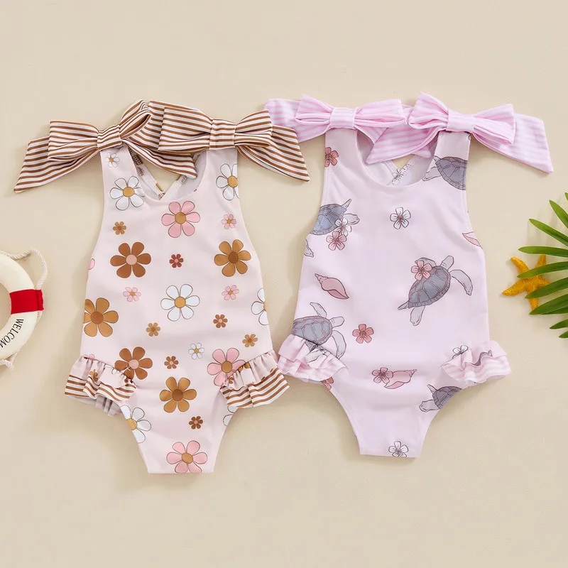 

Baby Girl Swimwear Summer Floral/Turtle Print Sleeveless Ruffle Monokini Swimsuits for Toddler Bathing Suits Beachwear