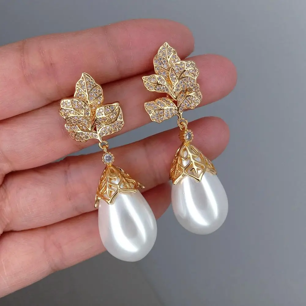 

Y·YING White Sea Shell Pearl Teardrop Dangle Cz Pave Flower Stud Earrings