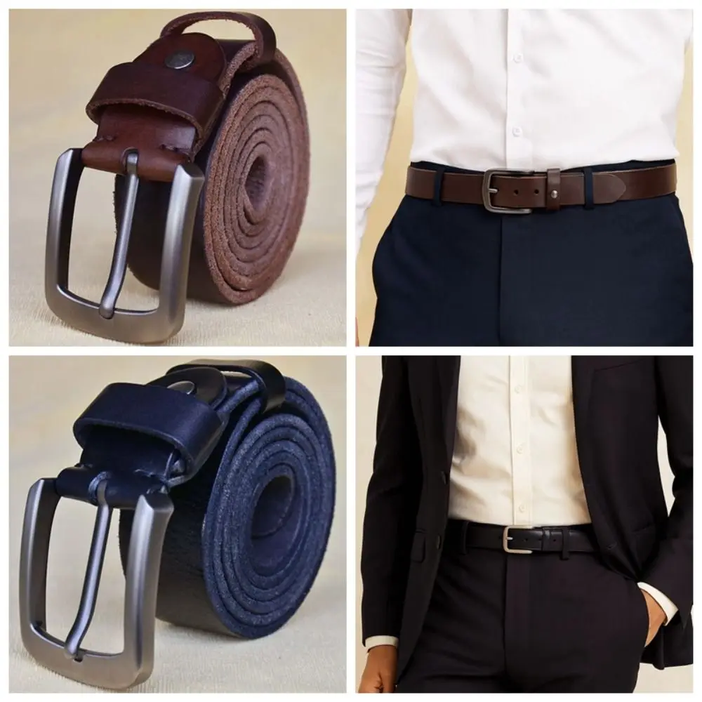 قابل للتعديل سبيكة الرجال حزام عريض الملمس مربع مشبك حزام جلد طبيعي البني دائم الجينز زنار الطلاب #6
