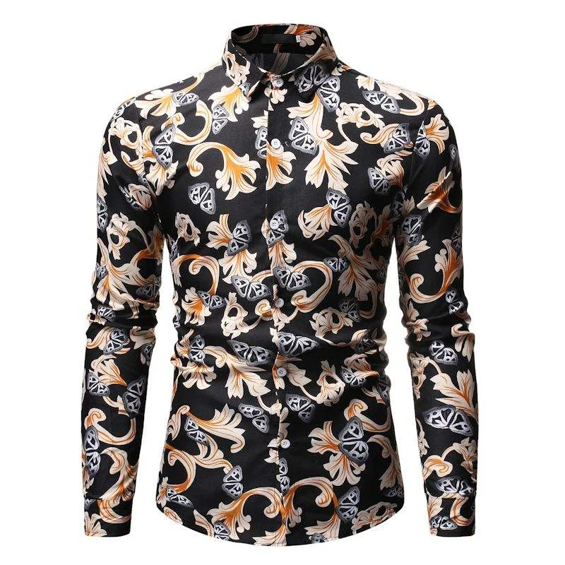 New Fashion 3D Flower Printed Shirt Men's Loose Lapel Button Shirt Men's Simple Formal Long Sleeve Xmas Christmas Shirt Top