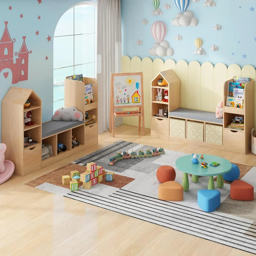 Многофункциональный детский органайзер для хранения книжной полки с уголоком для чтения и 7 кубиками для детских книг и игрушек