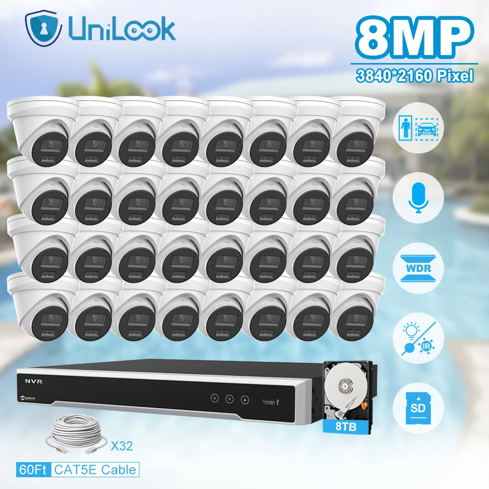 

Unilook Security Protection 8MP Mini IP Camera System Kit 32pcs IP Camera Indoor 32CH NVR CCTV Security System P2P View IP66