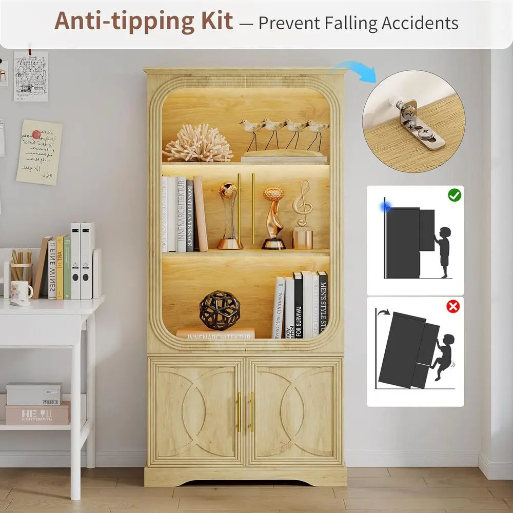 69 Oak 5-Tier LED-Lit Glass Display Cabinet with Human Body Sensor for Living Room view 6