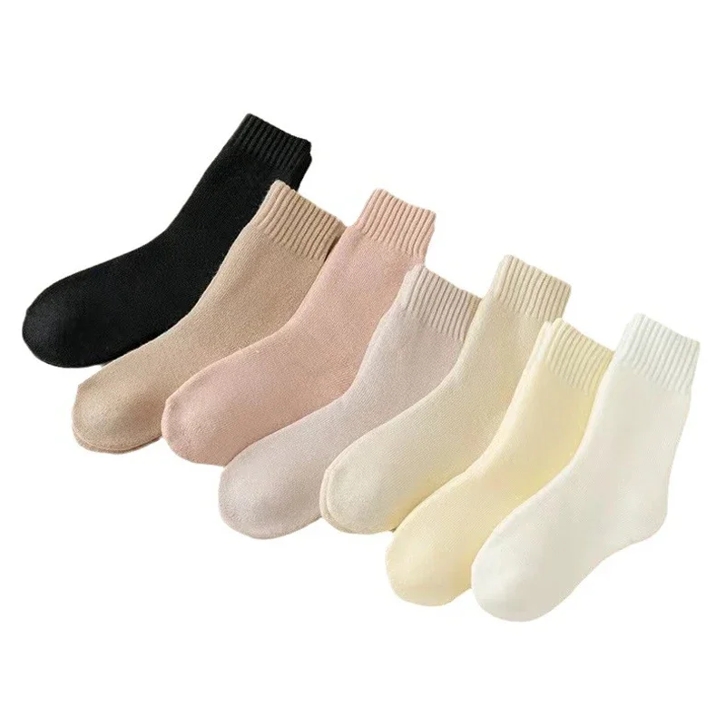 3 Pairs Wool Socks Women Winter Warm Thicken Snow Boot Markron Color Plush Hairy Soft Mid Tube Stockings Floor Sleep Socks White