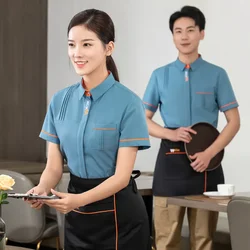 Leite loja de chá roupas de trabalho verão catering restaurante garçom uniforme mulher padeiro garçom camisa hotel comida serice garçonete uniforme