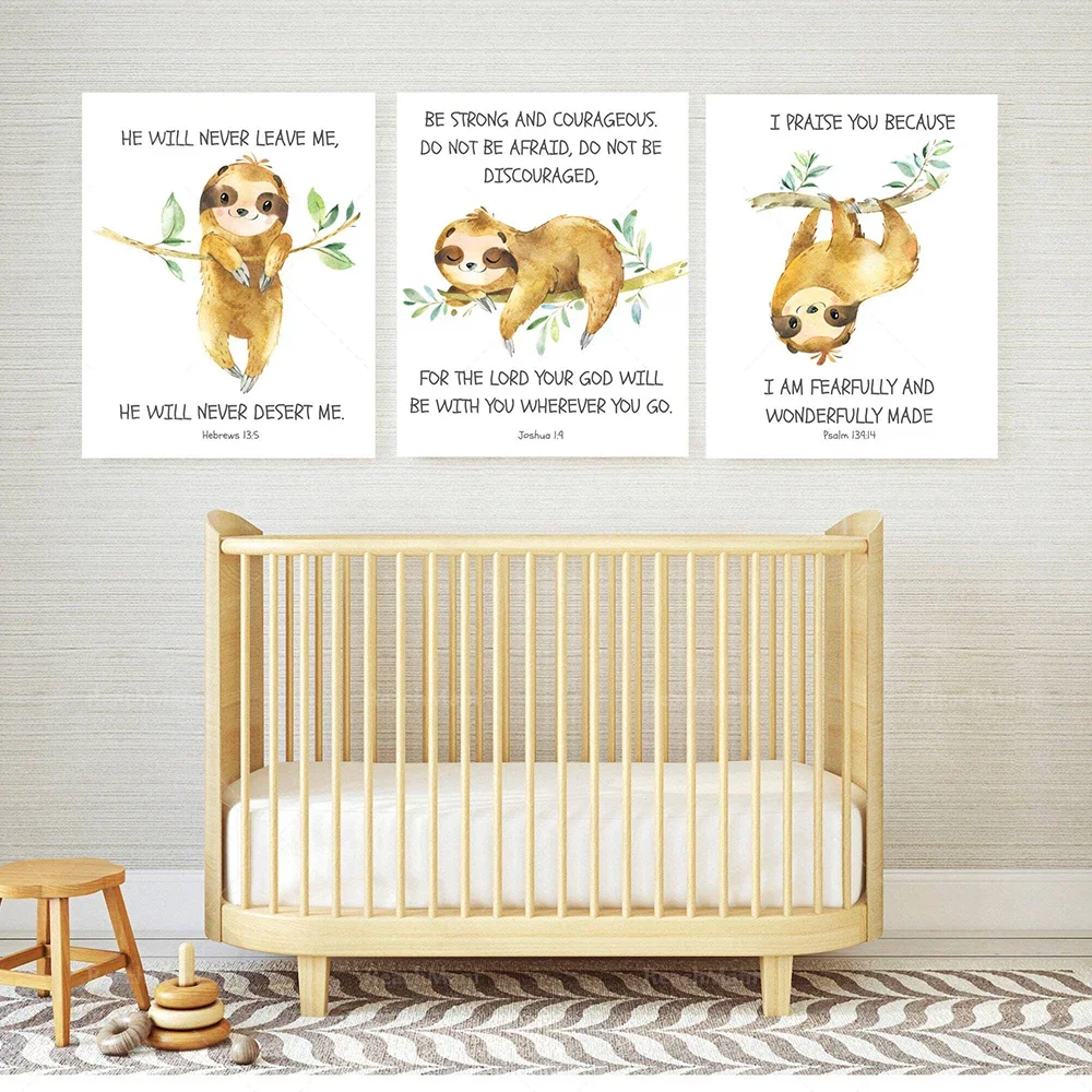 Christian Prints, Kids Bible Verses Wall Art, Sloth Watercolor Animals, Bible Prints, Baby Boys Nursery Decor Print Posters