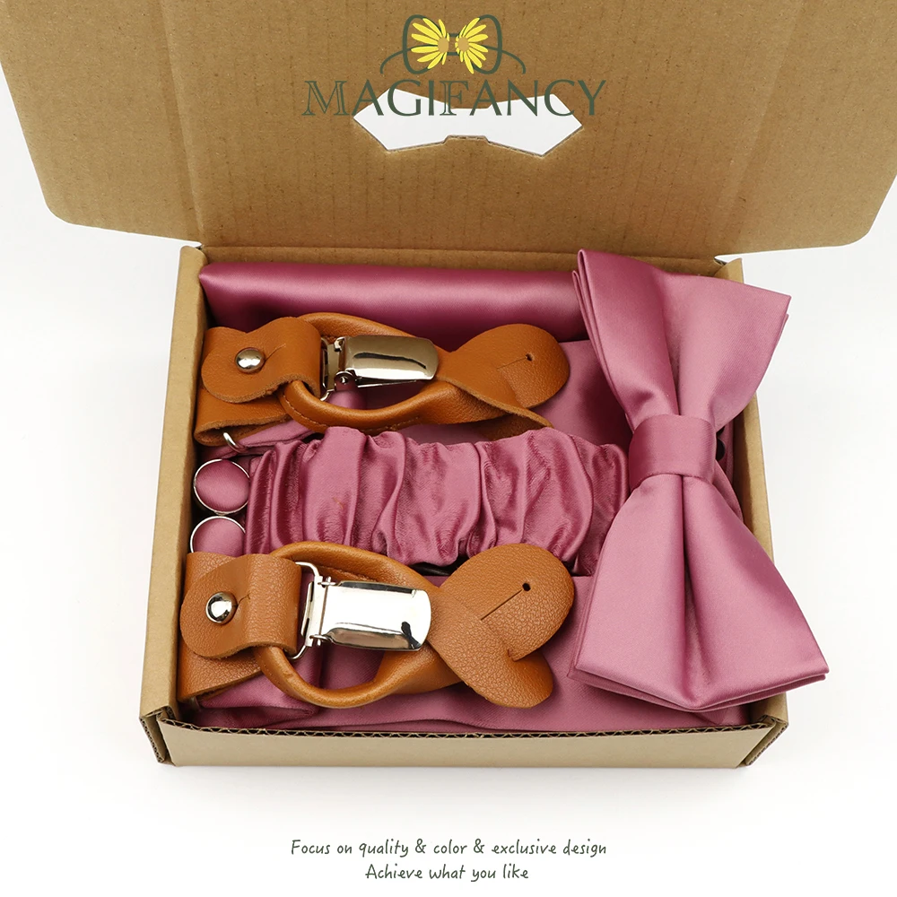 MAGIFANCY 4 PCS Suspender Bowtie Set Colorful Solid 3.5cm Brace Men Polyester Sage Salmon Pink Daily Wedding Top Accessory Gift