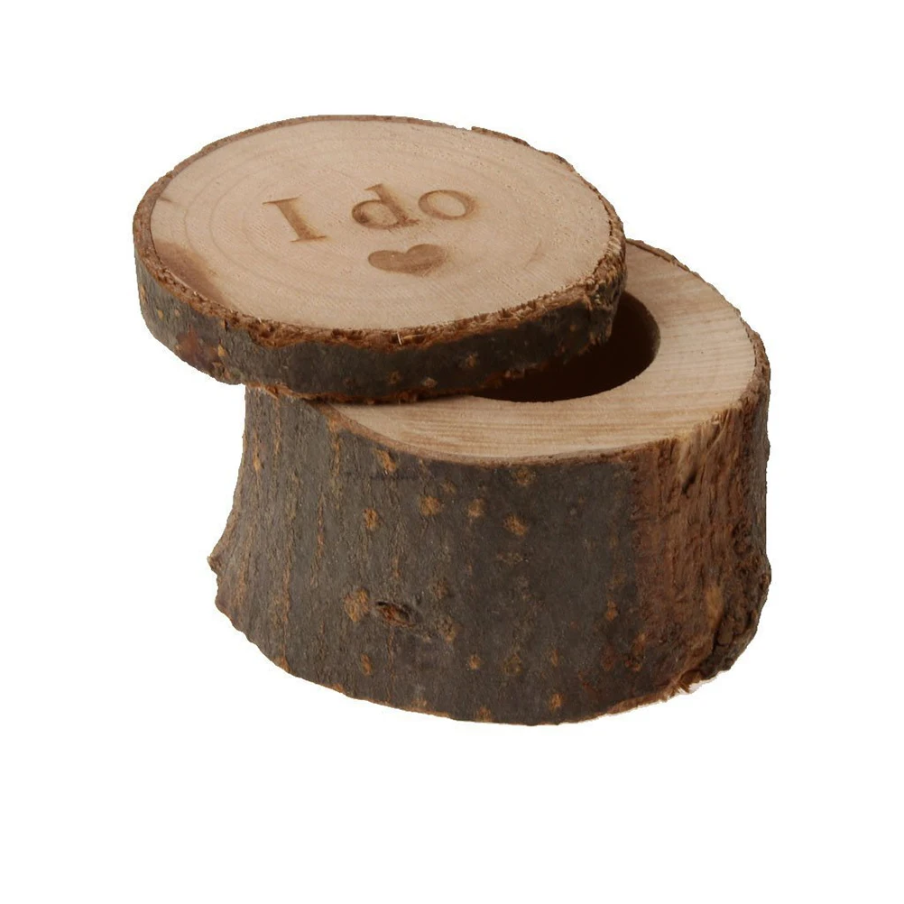 

Rustic Wedding Ring Box Natural Wood I Do Printed 6cm Diameter 5cm Height Vintage Chic Design Wooden Display Case