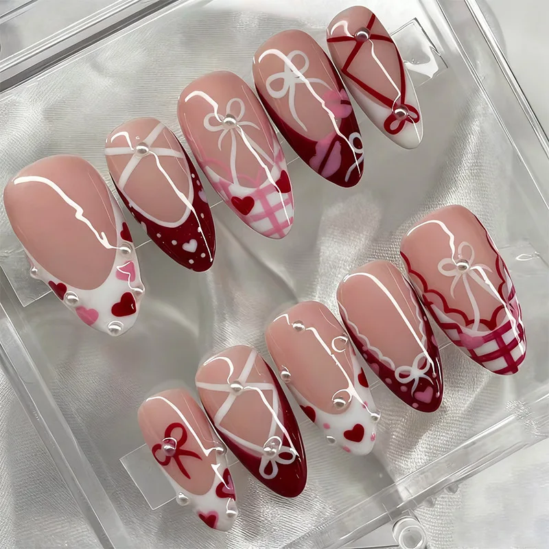 24 uñas postizas almendradas de longitud media, marrón rosado con lunares y encaje francés, con moño y perla 3D 4