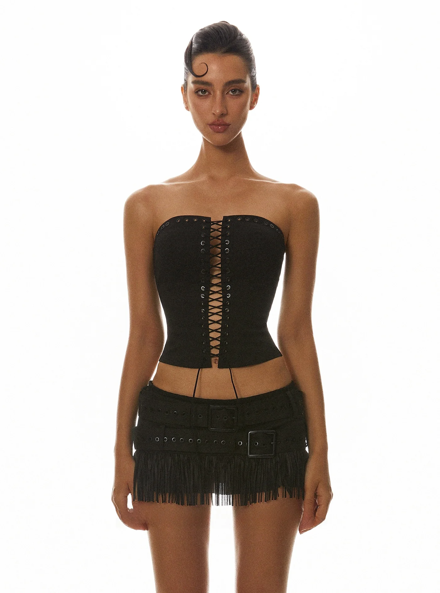 

Комплект юбки Bla Heavy Work Embellied ter Ne с двойным поясом, люверсами, кружевной отделкой, из смесового хлопка, модный женский...