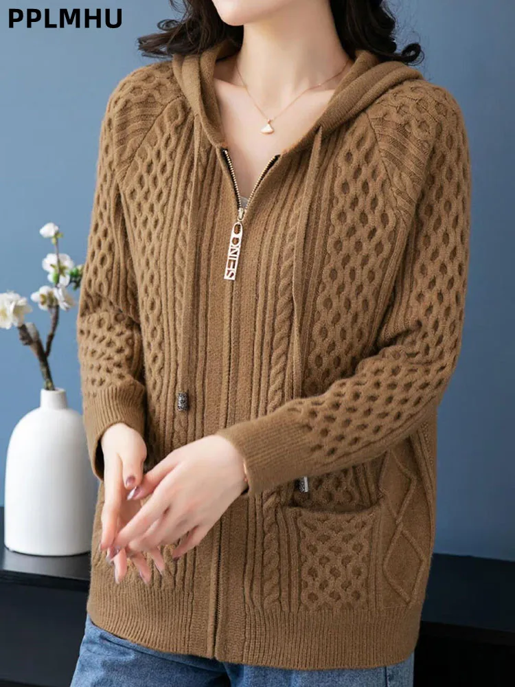 

Женский повседневный теплый мешковатый вязаный кардиган, модный корейский свободный свитер с капюшоном, короткие вязаные толстовки на молнии с длинными рукавами, топ