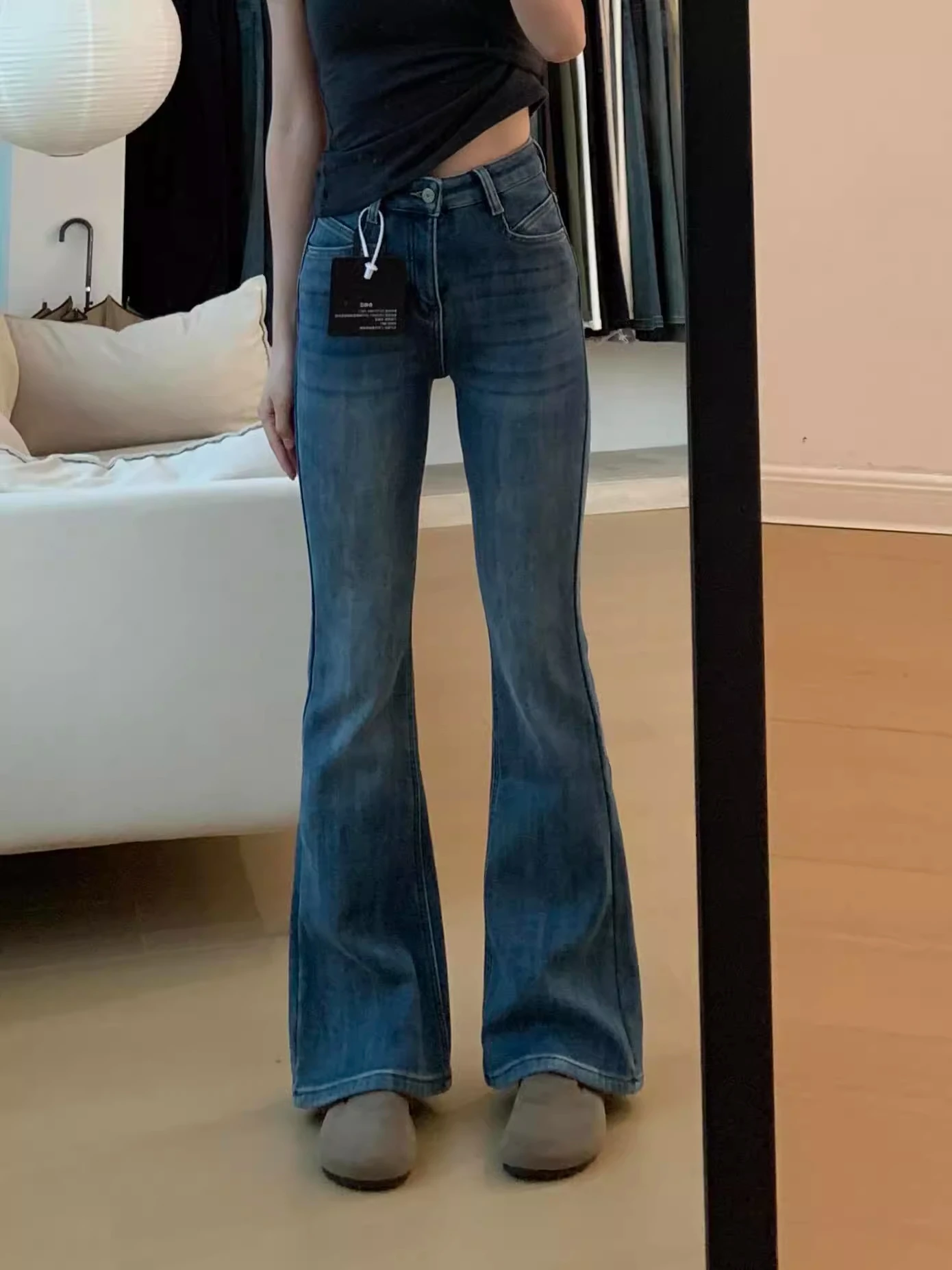 

Deep Blue Elastic Bell Bottom Jeans Women's High Waist Bootcut Jeans Casual Style plus Size Slimming Jeans for Autumn