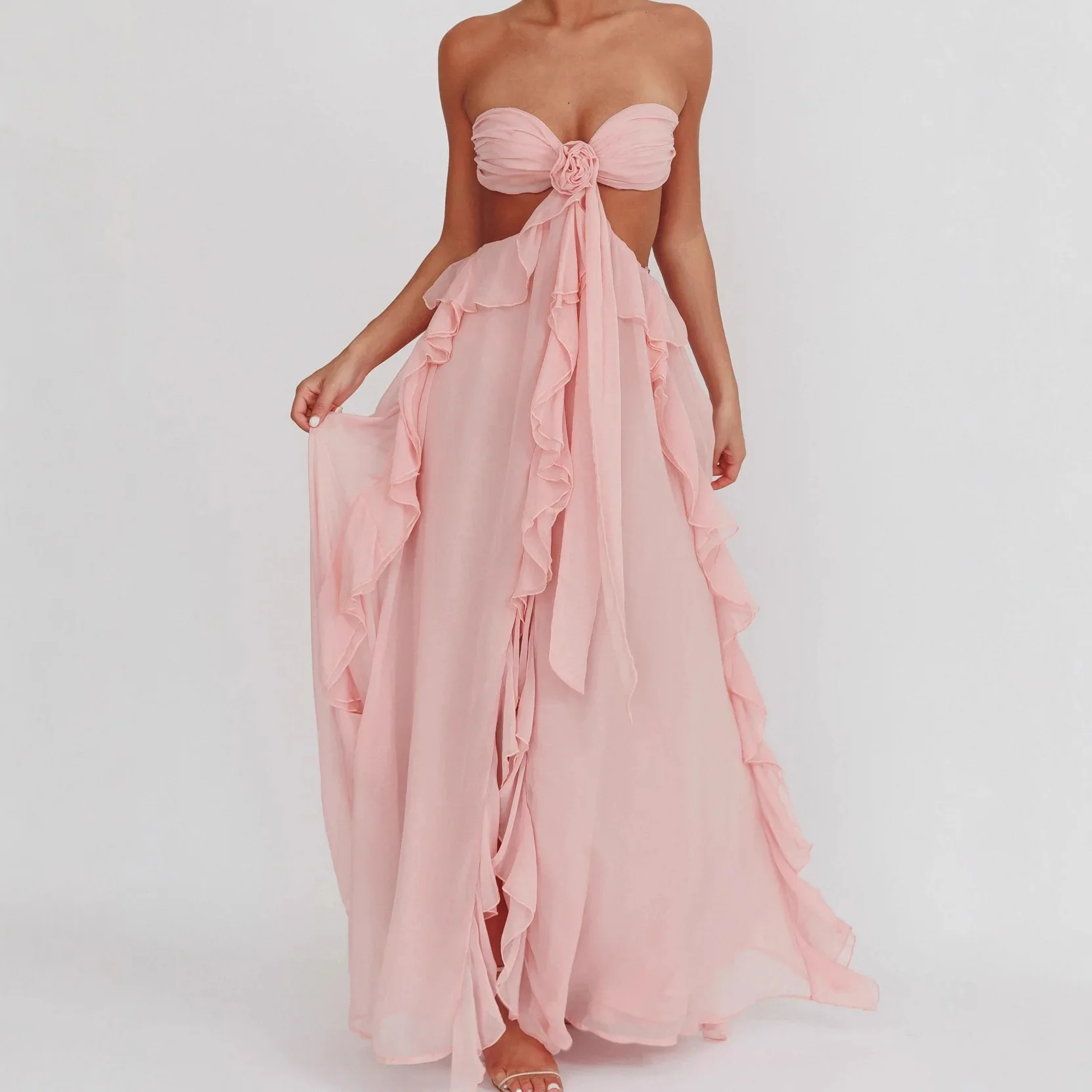 Sexy Backless Chiffon Tie Ruffled Maxi Dress, Sheer Women's Dresses, Bodycon Jumpsuit Playsuit