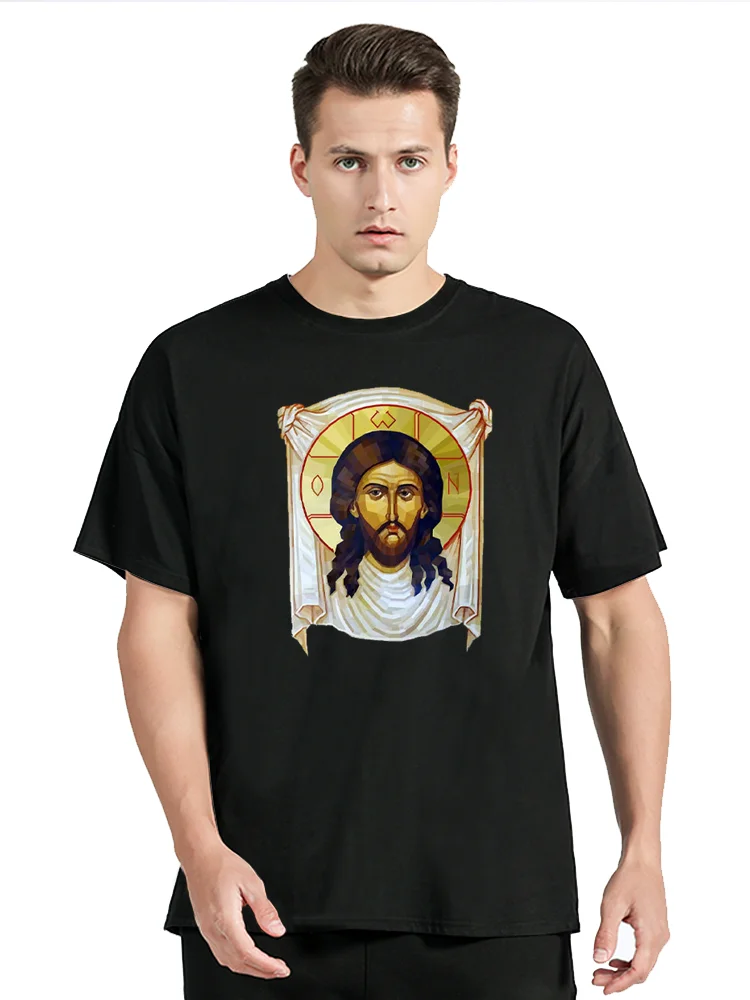 Jesus Christ Pantocrator Icon Sinai Orthodox Christian Graphic Fitness T-shirt Cotton Tops Tees Men's Clothing Oversized Tshirt