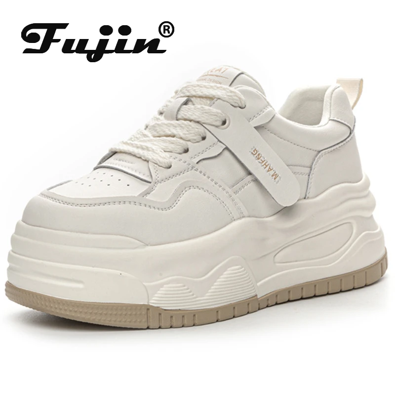 

Fujin 6.5cm Genuine Leather Platform Wedge Comfy Skate Board Thick Soled Spring Autumn Fashion Chunky Sneaker White Casual Shoes