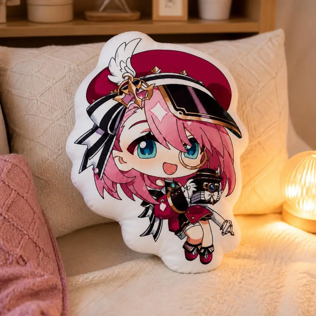 Genshin Charlotte Fontaine Anime Gamer Gaming Chibi Plush Pillow Cushion Irregular Stuffed Throw Pillow Home Decor Gift Sofa Bed