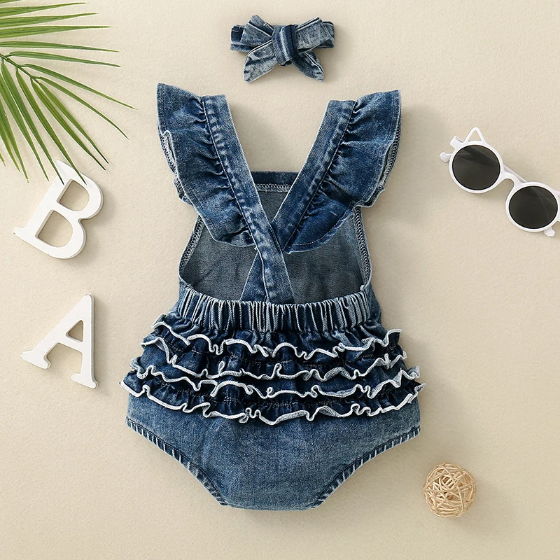 Baby Girl 2Pcs Summer Outfits Fly Sleeve Letter Print Denim Romper with Headband Set Infant Clothes