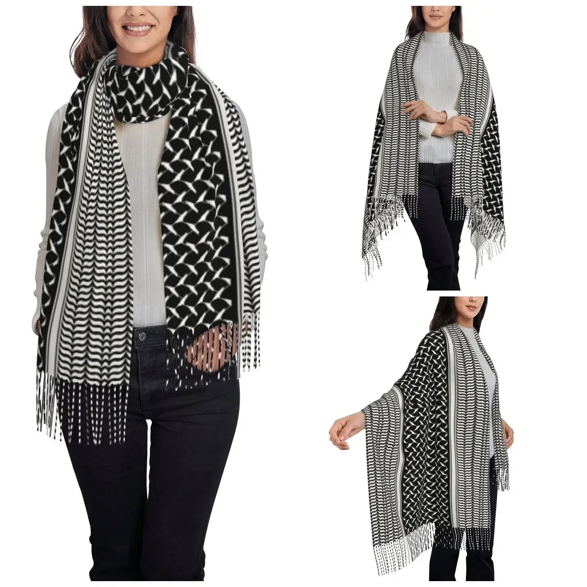 Arabic Kufiya Hatta Traditional Keffiyeh Pattern Scarf for Women Fall Winter Shawl Wrap Long Large Shawl Scarf for Evening Dress