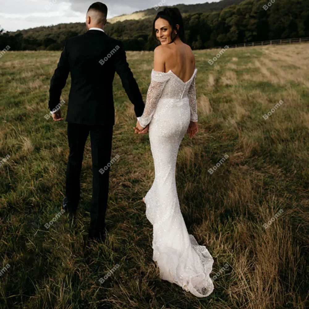 Booma-Robe de mariée sirène scintillante pour femme, robe de mariée dos nu avec poignées, train en tulle amovible, manches longues, 2023