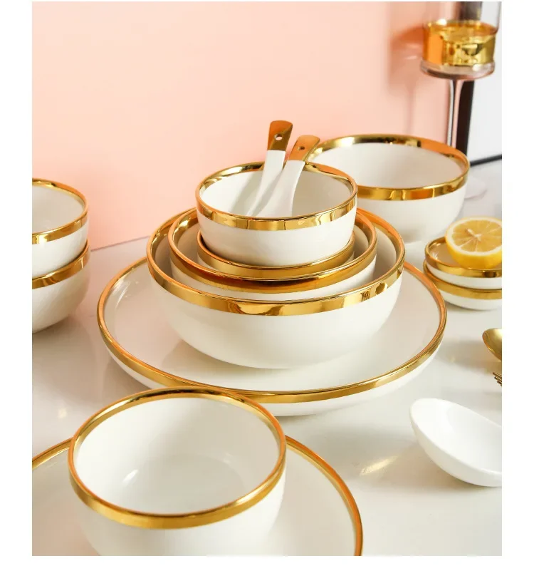 Ceramic dinner plate set bowls, plates, tableware gold white luxury gold jewelry kitchenware restaurant