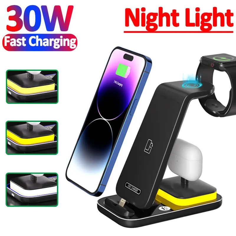 30W 3 In 1 Wireless Charger Stand Pad with Light For iPhone 14 13 12 X Apple Watch Airpods pro Phone Fast Charging Dock Station