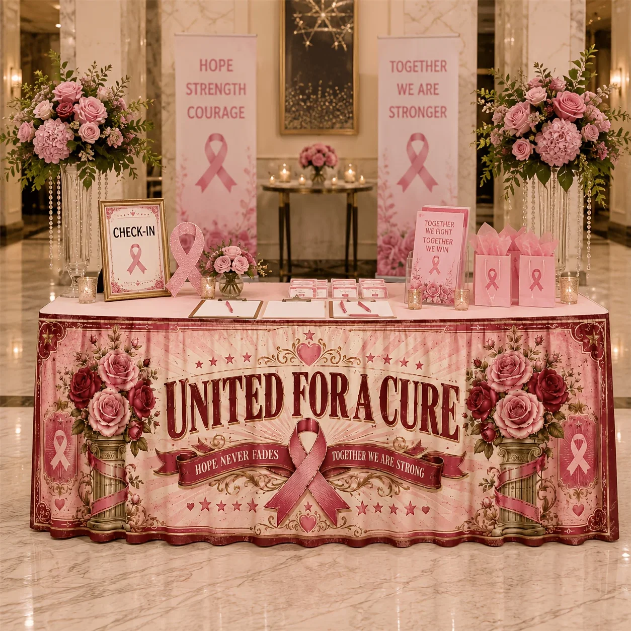One tablecloth or table skirt, combined with the anti-cancer pink silk, is suitable for charity dinner fundraising.xzj