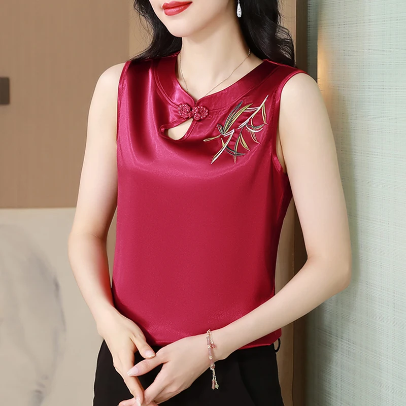 2024 Spring Summer Tops For Women New Korean Fashion Satin Camisole Slim Fit Sleeveless Retro Embroidered Vest Shirt