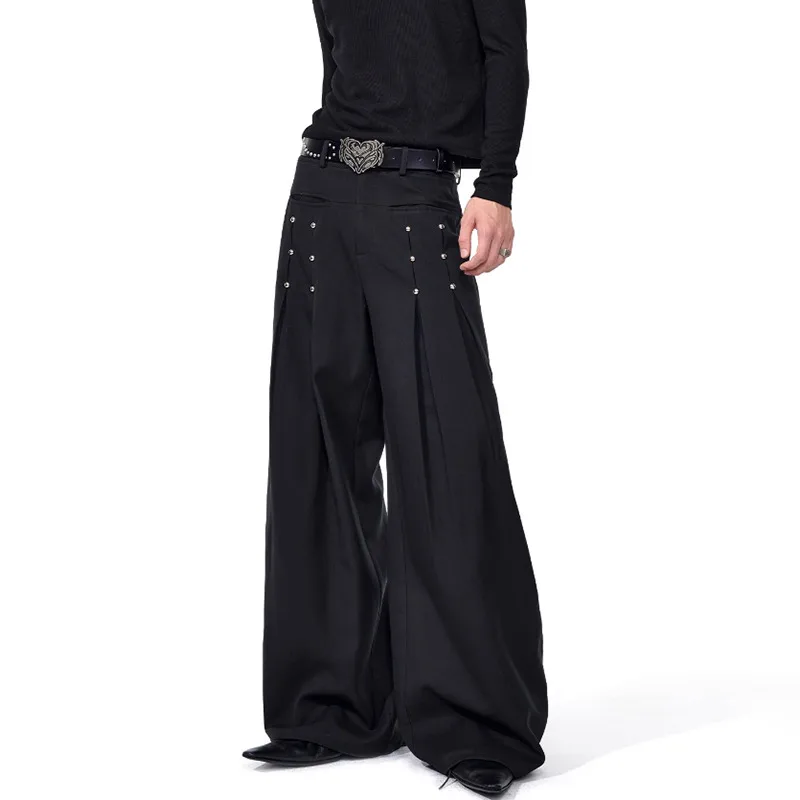 Luzhen 2025 novo nicho original rebite metal decorar design plissado calças de perna larga moda masculina cor sólida calças casuais jy3818