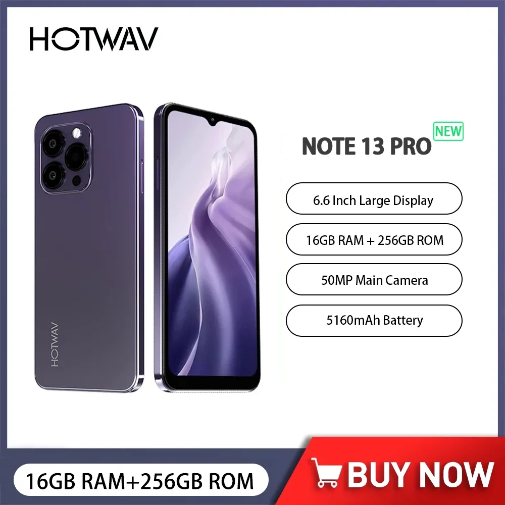 

HOTWAV Note 13 Pro Smartphone 6.6 Inch HD+ 90Hz 16GB+256GB Mobile Phone 50MP AI Camera 5160mAh 18W Fast Charging Cell Phone NFC