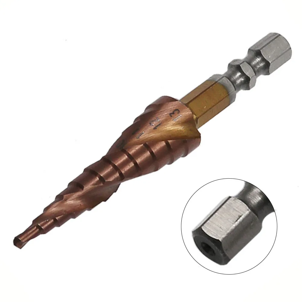 1pc HSS- M35 Double-Edged Spiral Groove Ladder Drill 3-13mm 1/4 Inch Hex Shank Bits Replacement Parts For  Electric Drill