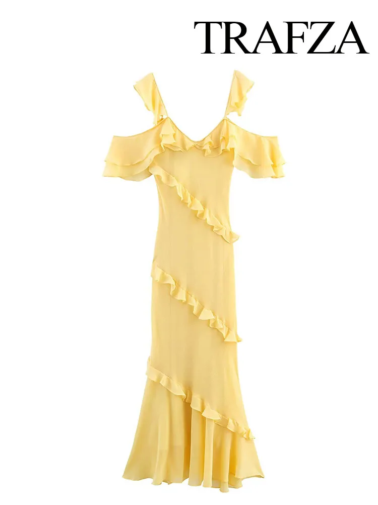 Hh moda feminina vestidos sem mangas amarelo gola quadrada sem costas em camadas decoração feminina verão praia estilo vestido longo