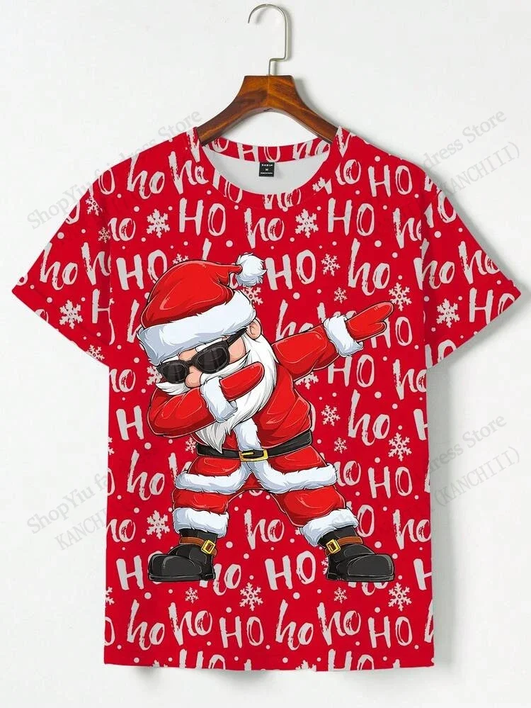 Trendy Men Christmas Santa Claus Ho Ho Ho All Over Print T-Shirt Snowflake Letter Graphic Red Crew Neck Holiday Tee Tops