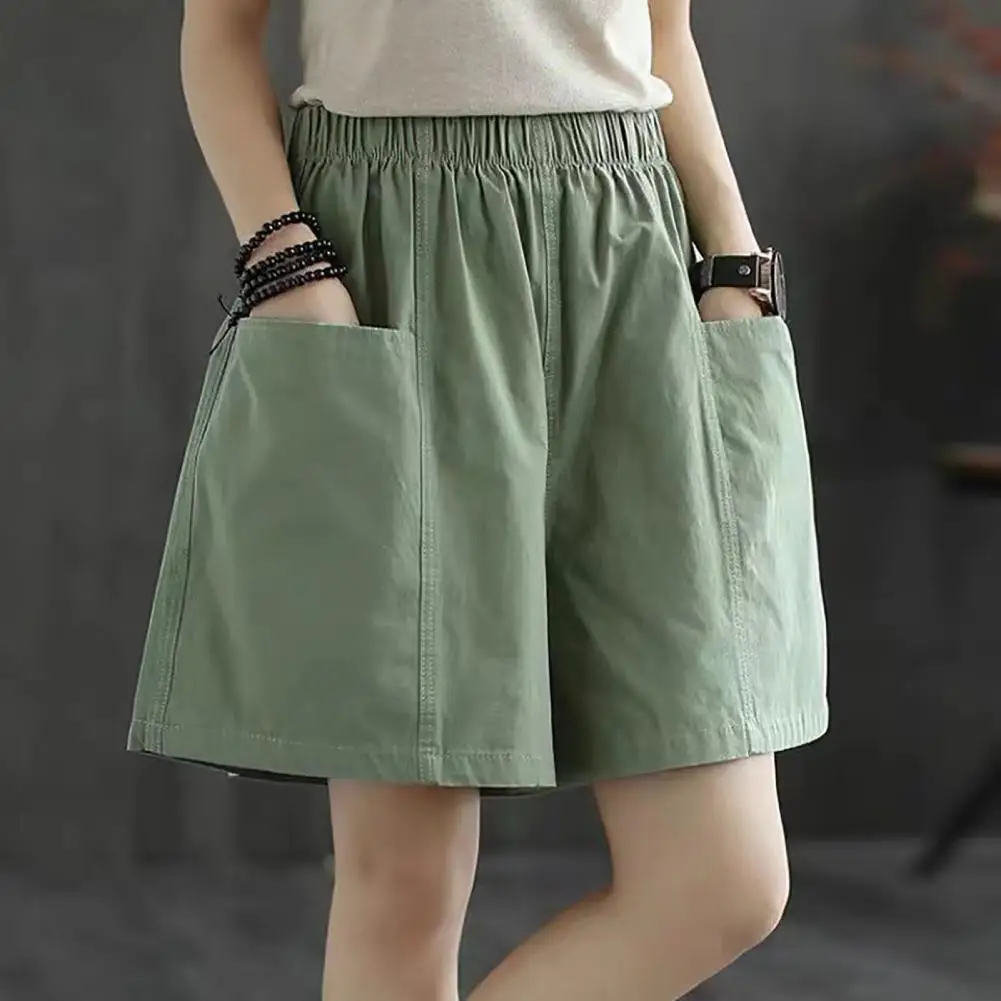 Elegant Fashion Harajuku Slim Fit Female Clothes Casual Wide Leg Pants Solid Pockets High Waist Straight Leg Shorts