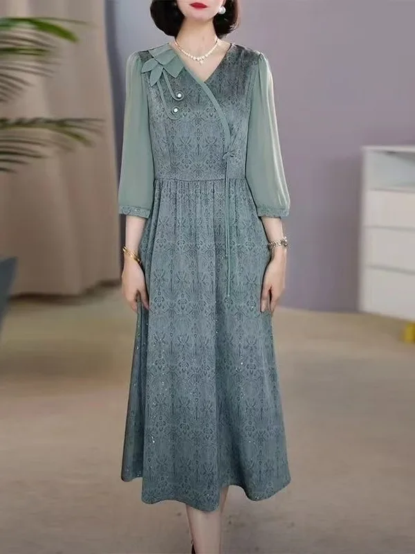 High Waist Slimming Midi Dress Knee-Length Spring Summer New Style for Mom Middle-Aged Women Polyester Fiber V-Neck Dress