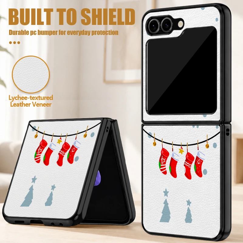 Coque de téléphone en cuir imprimé motif de bas de Noël pour Samsung Galaxy Z Flip8, Flip7 FE, Flip6, Flip5, Flip4, Flip3, coque rigide en PC pliable