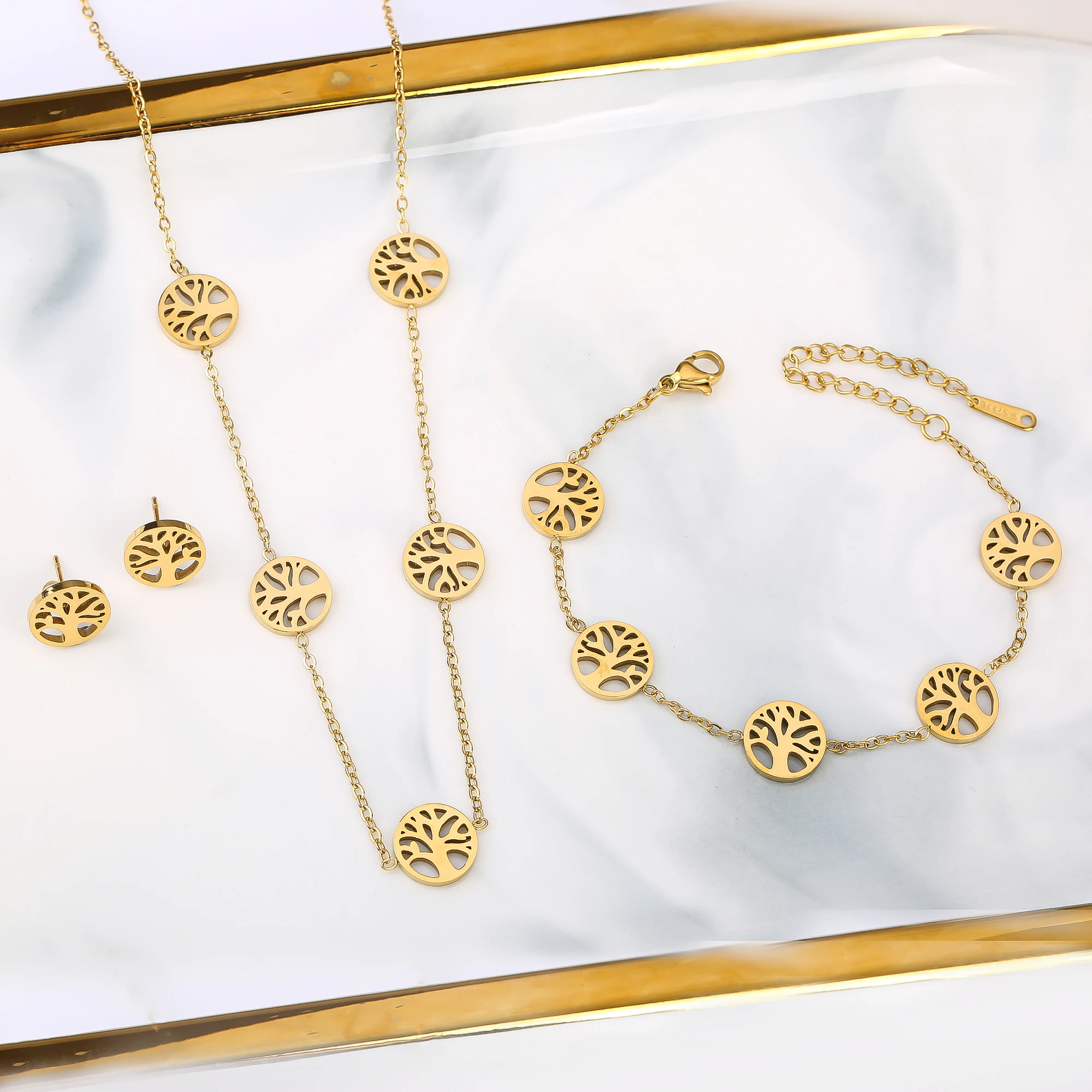 Top-Qualität, vergoldeter Edelstahl, Baum des Lebens, Halskette, Ohrringe, Armband, 3-teiliges Schmuckset für Frauen und Mädchen, Party-Schmuck