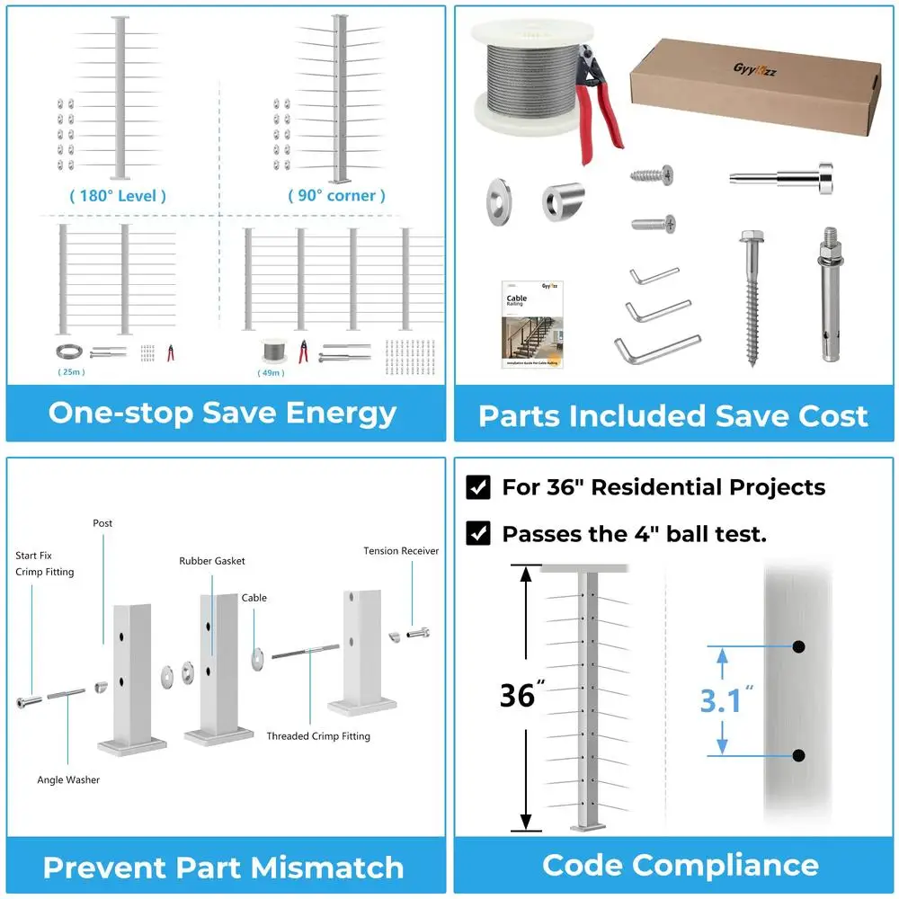 36" Stainless Steel Cable Railing Post Kits 2Pack Level Drill Line Posts 82ft Cable Marine-Grade SS316 Top System Saves Time